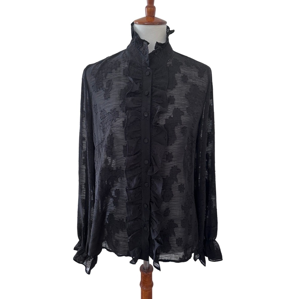 Smak Parlour Blouse Women L Ruffle High Neck Sheer Floral whimsygoth vampirecore